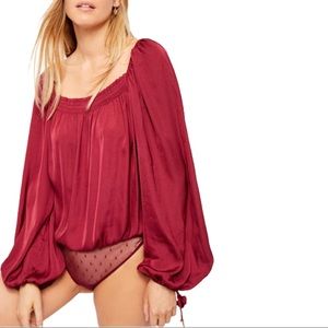 Free People Burgundy Long Sleeve Peasant Bodysuit